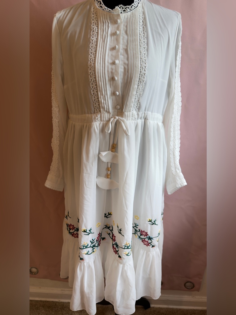 White Embroidered Long-Sleeve Boho Dress